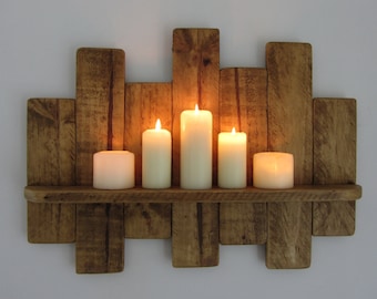Prateleira flutuante de 80 cm em madeira de palete reciclada / Suporte para vela LED estilo shabby chic / móveis para casa de campo