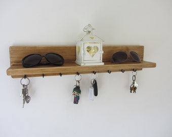 Large 60cm waxed pine 8 hook key holder with shelf , kitchen shelf / entryway organizer