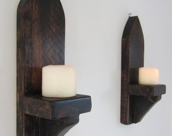 Pair of Reclaimed plank wood Gothic style wall sconces Candle Holders  Dark Jacobean wax finish 40 - 80 cm