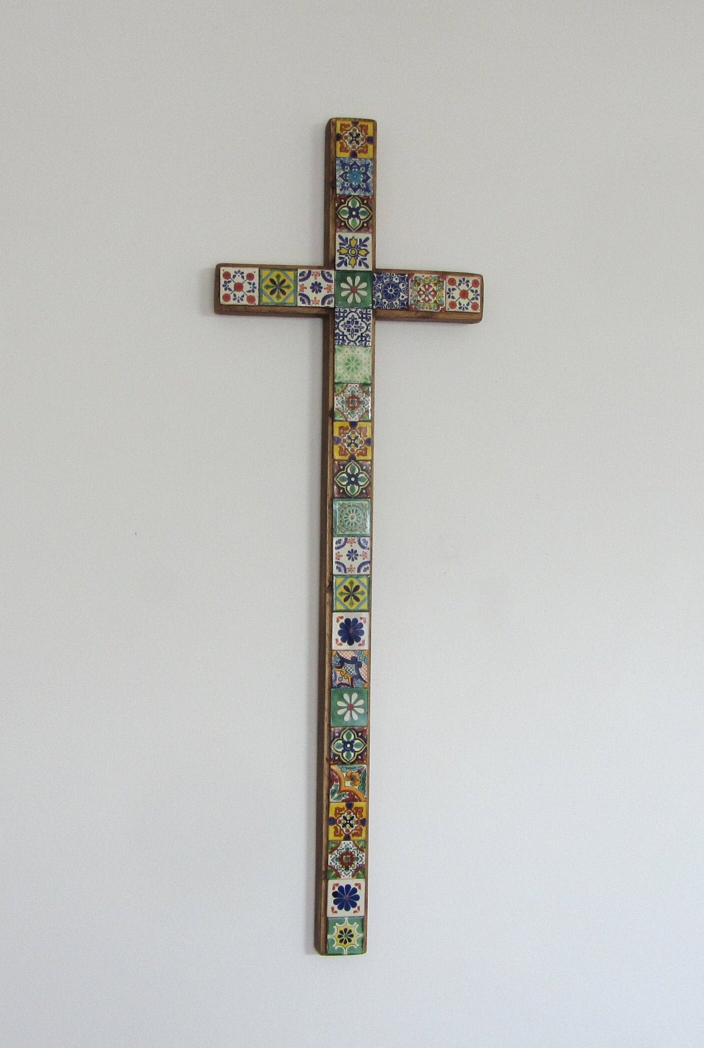 Huge 45 Inch Mexican Talavera Cross Wall Hanging Hand Painted
