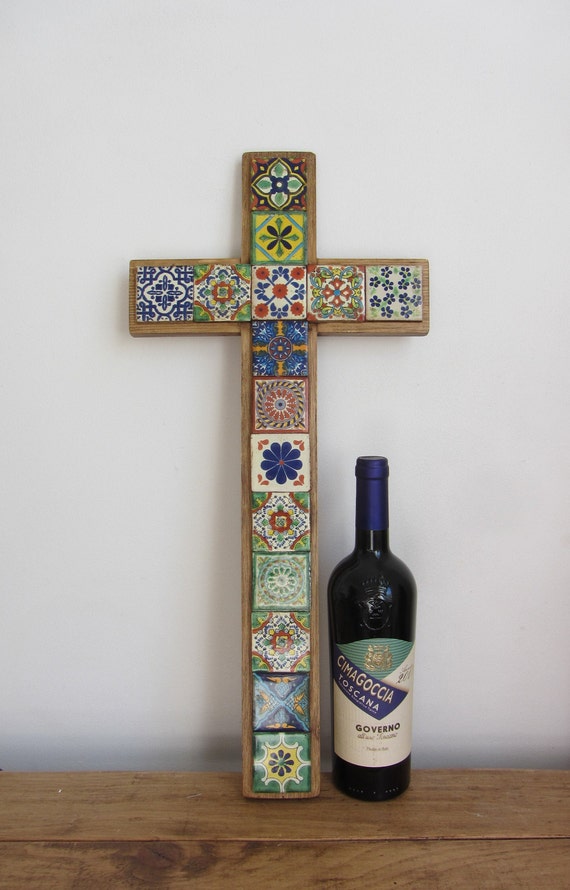 Large Mexican Talavera Cross Wall Hanging Hand Painted Terracotta