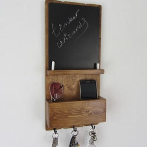 Reclaimed wood kitchen organizer 3 hook key holder , letter rack & chalk board / blackboard mail caddy