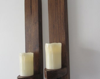 Pair of Gothic / church reclaimed chunky plank wood wall sconce's candle holders with beautiful cast iron brackets  various sizes available