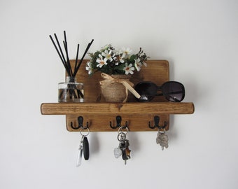 Rustic waxed chunky plank wood key holder with shelf / entryway shelf / key rack / kitchen organizer