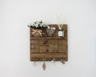 Rustic reclaimed wood 4 hook key holder with shelf , Rustic kitchen furniture