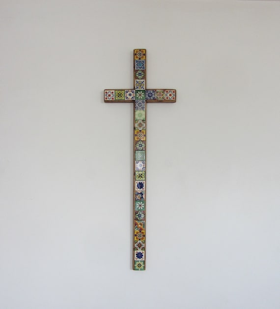 Huge 45 Inch Mexican Talavera Cross Wall Hanging Hand Painted