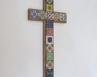 Large Mexican Talavera cross wall hanging hand painted Terracotta tiles & reclaimed wood