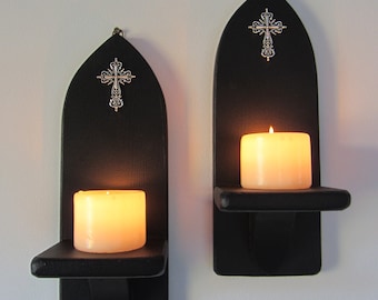 Pair of Church Gothic matte black wall sconce led candle holders with Antique silver cross crucifix decoration