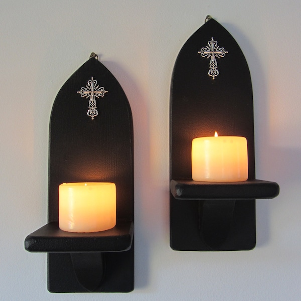 Pair of Church Gothic matte black wall sconce led candle holders with Antique silver cross crucifix decoration