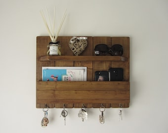 Rustic reclaimed wood organizer 5 hook key holder with shelf and letter rack phone holder 7 colour options