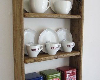 70cm tall Shabby Chic rustic reclaimed wood 3 tier shelf / shelves with wrought iron brackets