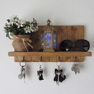 Rustic waxed pine wood key holder with shelf / entryway shelf / key rack / kitchen organizer