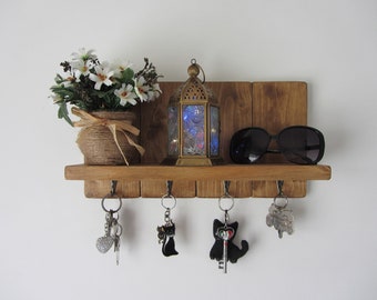 Rustic waxed pine wood key holder with shelf / entryway shelf / key rack / kitchen organizer