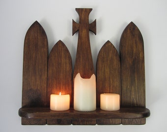 Gothic arch floating shelf graveyard style tombstones LED candle holder with carved cross crucifix / trinket shelf Halloween prop