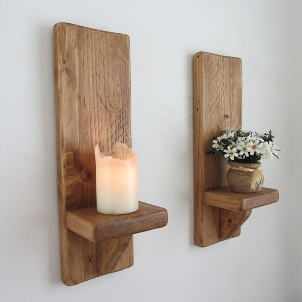 Pair of large rustic reclaimed plank wood chunky wall sconce LED candle holders various sizes & colours available