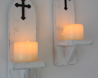 Gothic Wall Sconce Pair: Distressed White Reclaimed Timber, Black Cross Decor
