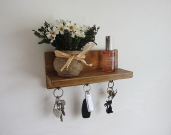 30cm rustic pine 3 hook key holder with shelf , kitchen shelf / entryway organizer