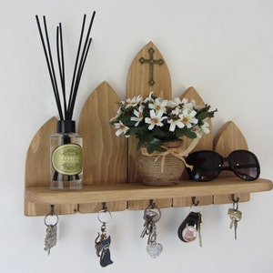 Gothic 5 hook key holder with shelf / entryway shelf / key rack / kitchen organizer cross crucifix 7 colour options