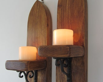 Pair of Gothic arch church style reclaimed plank wood wall sconce's candle holders with cast iron brackets 7 colour options