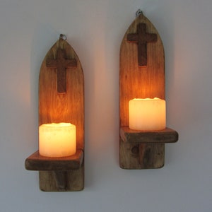 Pair Gothic style wall sconce candle holders with wooden cross / crucifix decoration  *Various sizes*