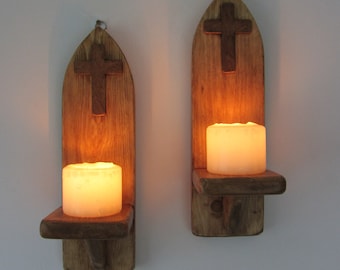Pair Gothic style wall sconce candle holders with wooden cross / crucifix decoration  *Various sizes*