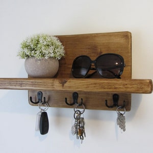 Rustic reclaimed chunky pine plank wood key holder with shelf / entryway shelf / key rack / kitchen organizer