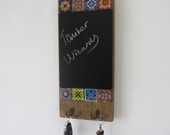 Chunky reclaimed plank wood chalk board memo board with key hooks / towel hooks Mexican kitchen organizer