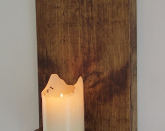 Gothic Arch Wall Sconce: Reclaimed Wood Candle Holder with Carved Cross