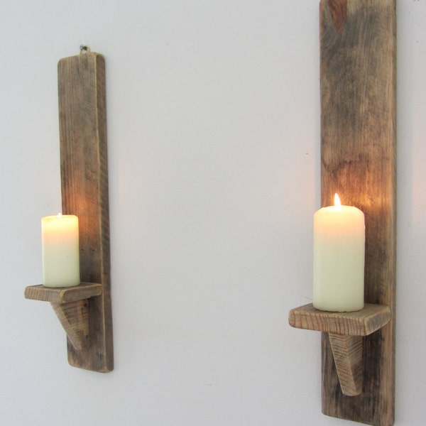 Pair of rustic reclaimed pallet wood wall sconce LED candle holders
