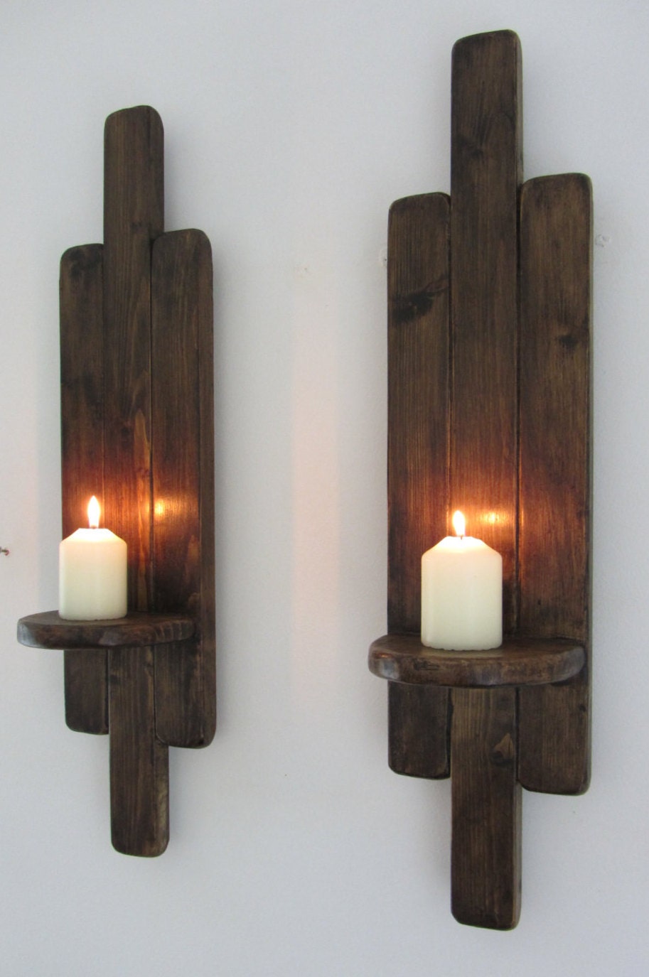 PAIR of 38CM RUSTIC SOLID WOOD  GOTHIC ARCH WALL SCONCE CANDLE HOLDER 