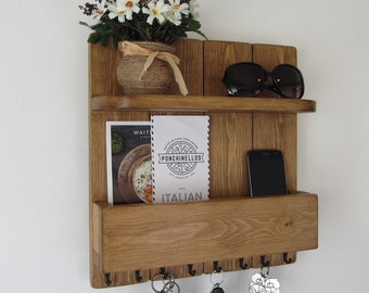 Rustic pine wood organizer 8 hook key holder with shelf and letter rack mail caddy 7 colour options