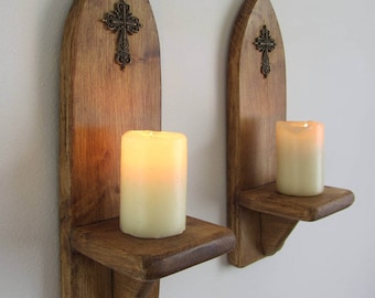 Pair of Church / Gothic style wall sconce led candle holders with Antique bronze cross / crucifix decoration , various sizes available