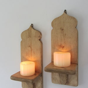 Para kinkietów ściennych z odzyskanego drewna w stylu marokańskim, uchwyty na świece LED, kinkiety Boho
