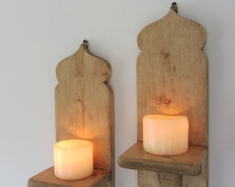 Pair of Moroccan style reclaimed wood wall sconce's Led candle holders Boho wall lights