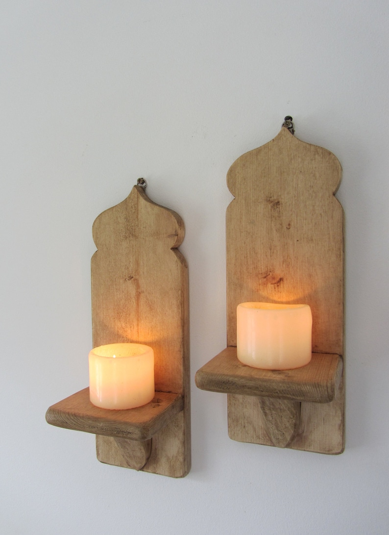 Set of 4 Moroccan style reclaimed wood wall sconce/'s Led candle holders Boho wall lights
