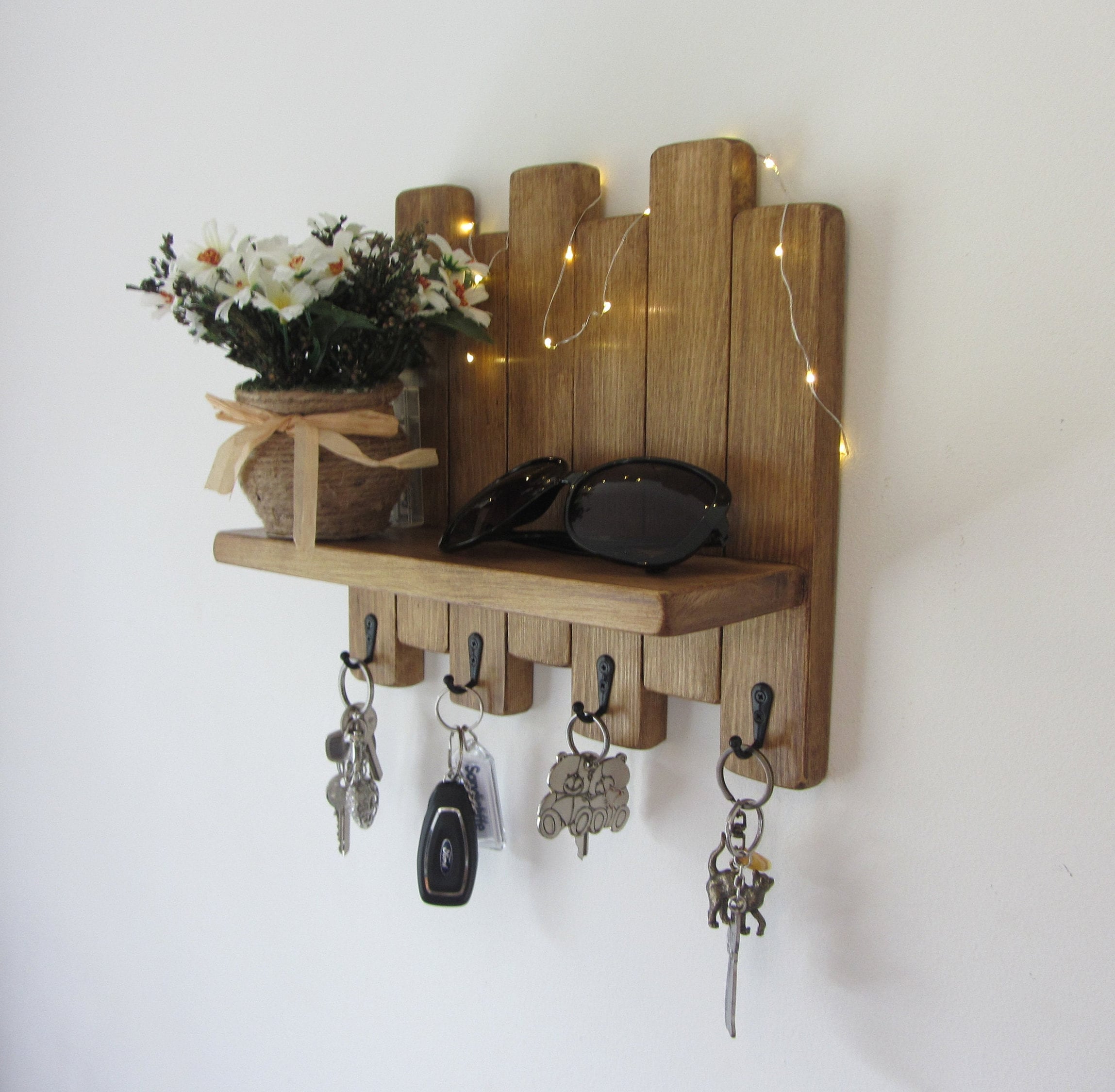 Rustic Waxed Wood Key Holder With Shelf / Entryway Shelf / Key Rack ...
