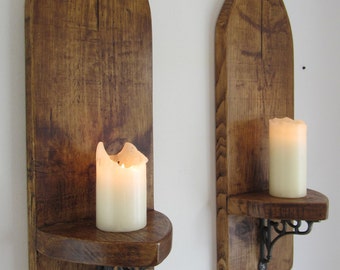 Pair of  80 cm tall Gothic arch / church window design rustic reclaimed plank wood wall sconces candlholders with carved cross / crucifix