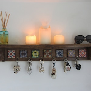 Rustic wood Mexican style shelf with key hooks hand painted Mexican terracotta tiles kitchen shelf / entryway shelf image 1