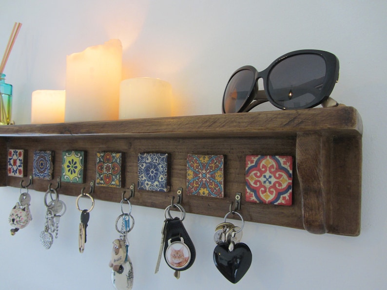 Rustic wood Mexican style shelf with key hooks hand painted Mexican terracotta tiles kitchen shelf / entryway shelf image 3