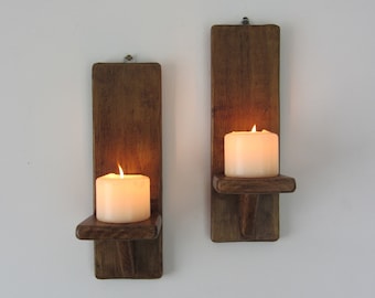 Pair of rustic wood wall sconces Led candle holders 7 colour options