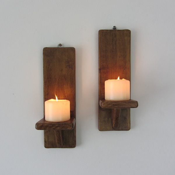 Pair of rustic wood wall sconces Led candle holders 7 colour options