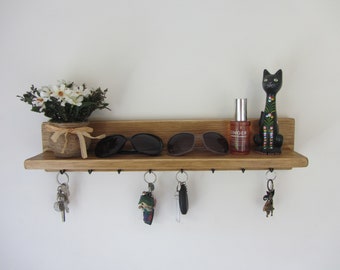 60cm rustic pine 8 hook key holder with shelf , kitchen shelf / entryway organizer