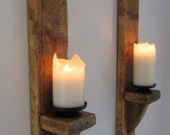 Pair of large 60cm reclaimed plank wood wall sconce candle holders