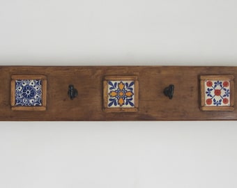 Mexican Coat Hooks, Rustic Reclaimed Wood & Terracotta Tiles