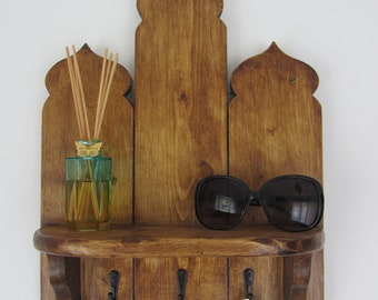 Rustic reclaimed wood Moroccan style 3 hook key holder with shelf