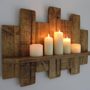 81cm Reclaimed pallet wood floating shelf / Led candle holder shabby chic shelving / kitchen shelf 7 colour options