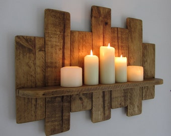 81cm Reclaimed pallet wood floating shelf / Led candle holder shabby chic shelving / kitchen shelf 7 colour options