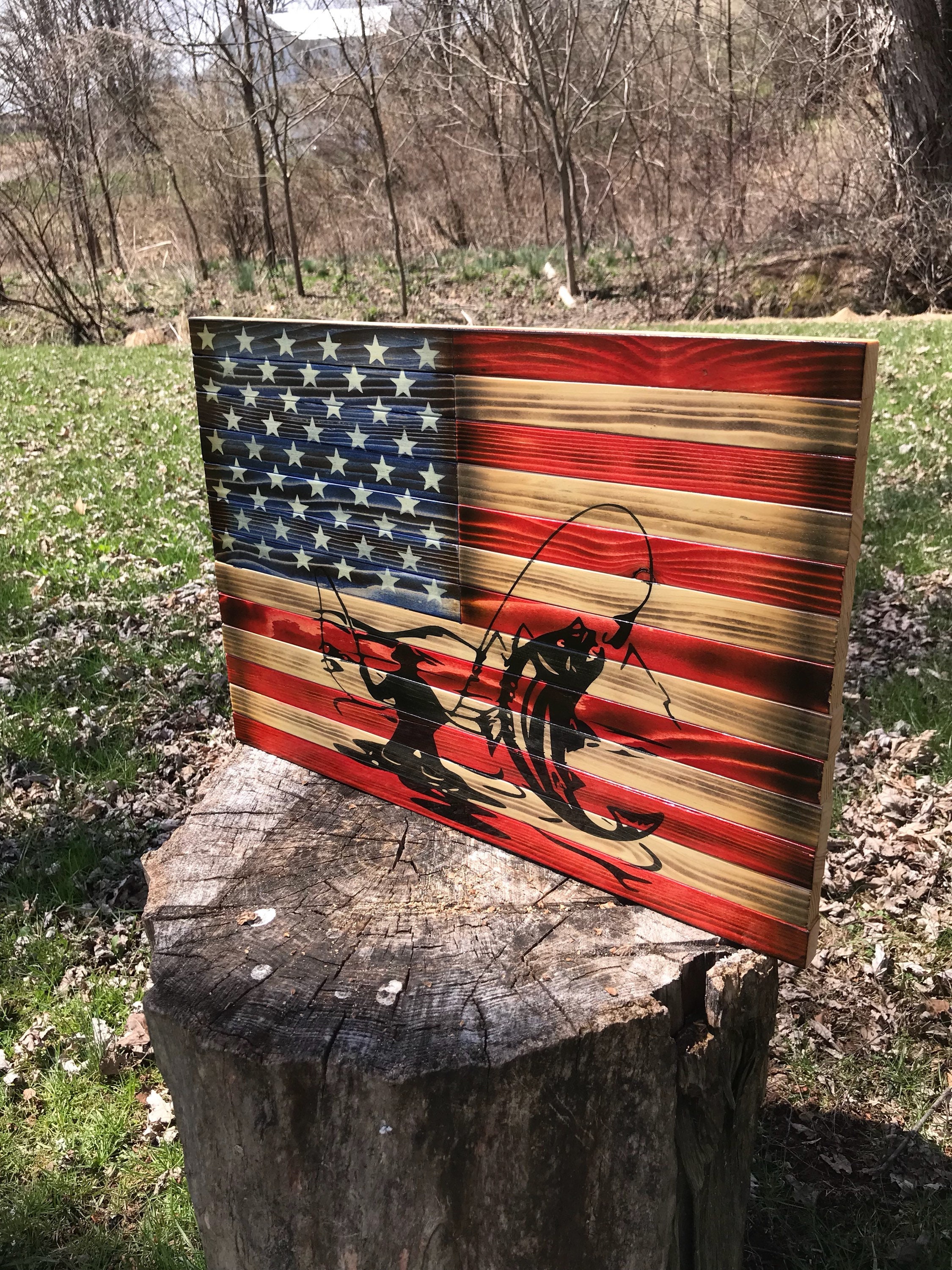 Fly Fishing Flag Wood American Flag Trout Fishing Weathered Etsy