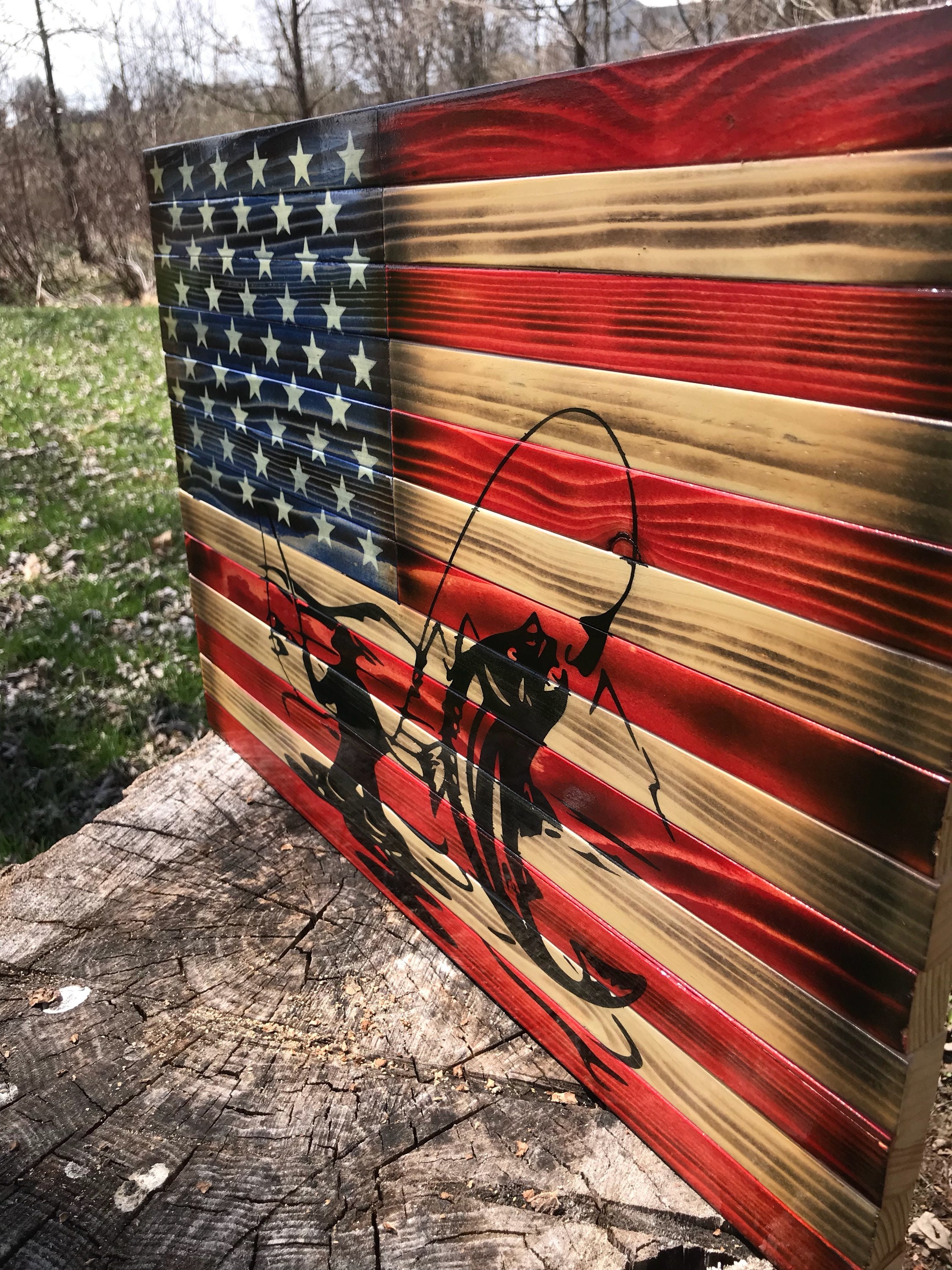 Fly Fishing Flag Wood American Flag Trout Fishing Weathered Etsy
