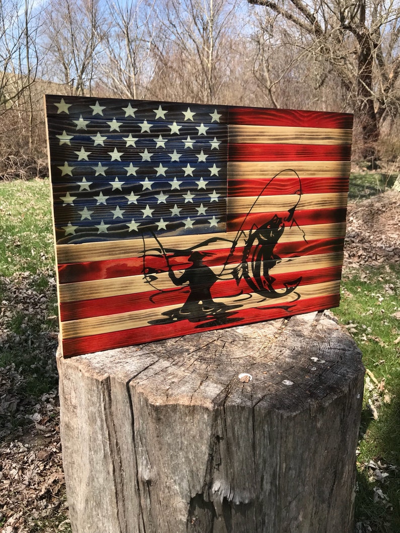 Fly Fishing Flag Wood American Flag Trout Fishing Weathered Etsy
